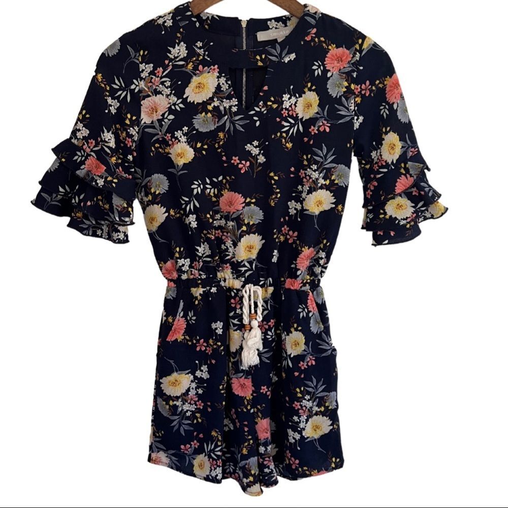 Smukke Girls Size 10 Blue Floral Romper Ruffle Sleeve Tie Waist Boho Cottagecore